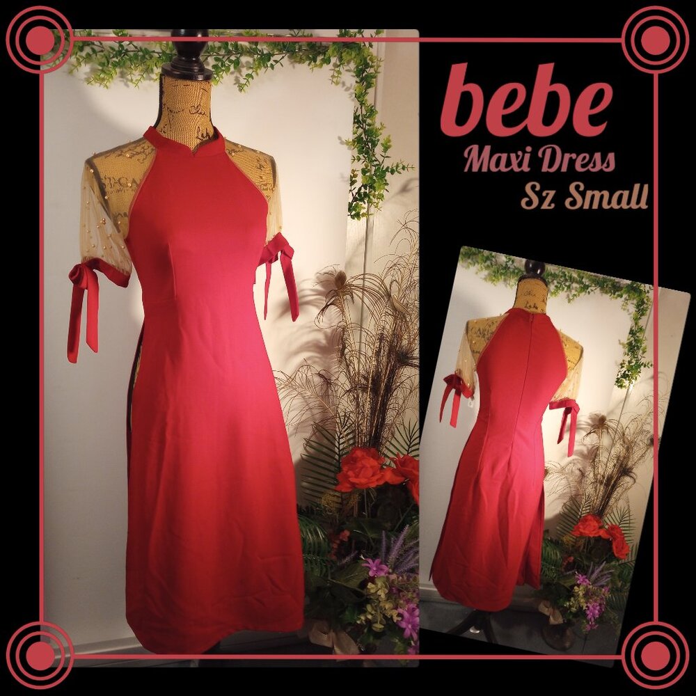 bebe Maxi Red Dress with Sheer, Pearl Sleeves Size Small